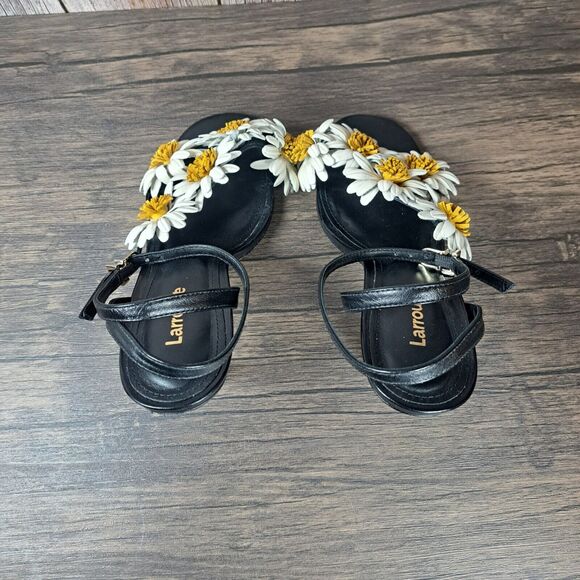 Larroudé Black Leather Floral Daisy Fiore Heel Sandals Women's Sz 6.5 (READ) - Picture 6 of 13